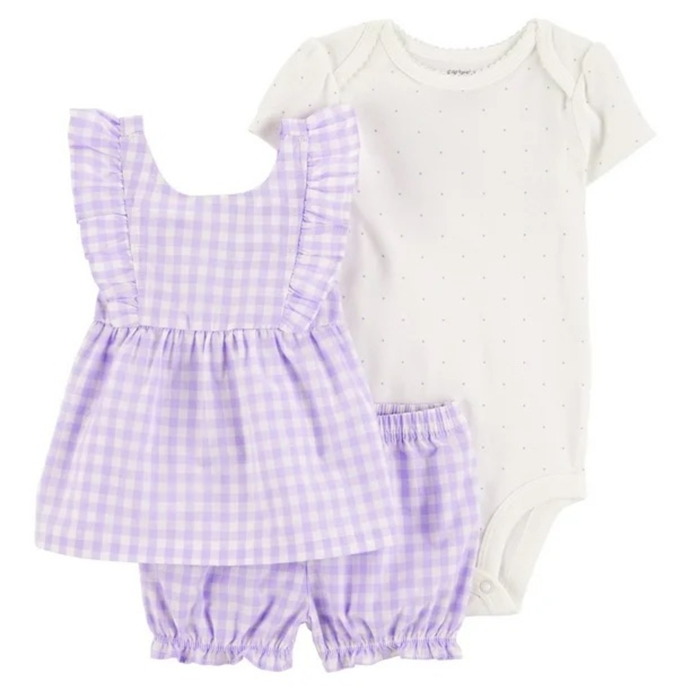 Carter's Baby Girls 3-Piece Outfit Set - Lavender Purple Gingham Romper